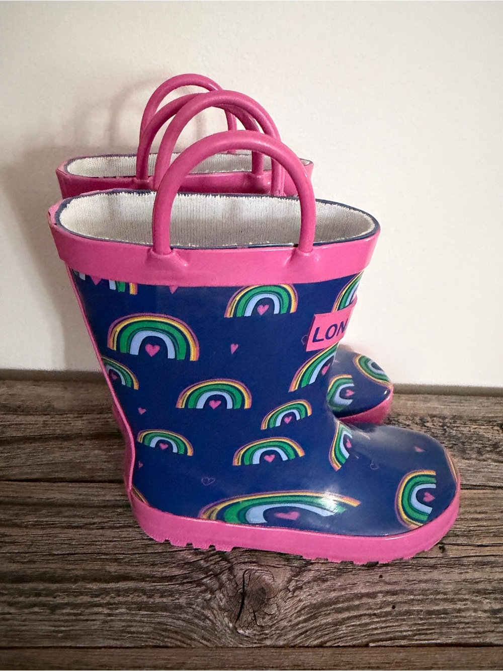 Girls Navy Rainbow Print Rain Boots with Pink Trim